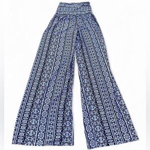 Vintage Uptown USA Blue White Tribal Print Palazzo Pants Boho